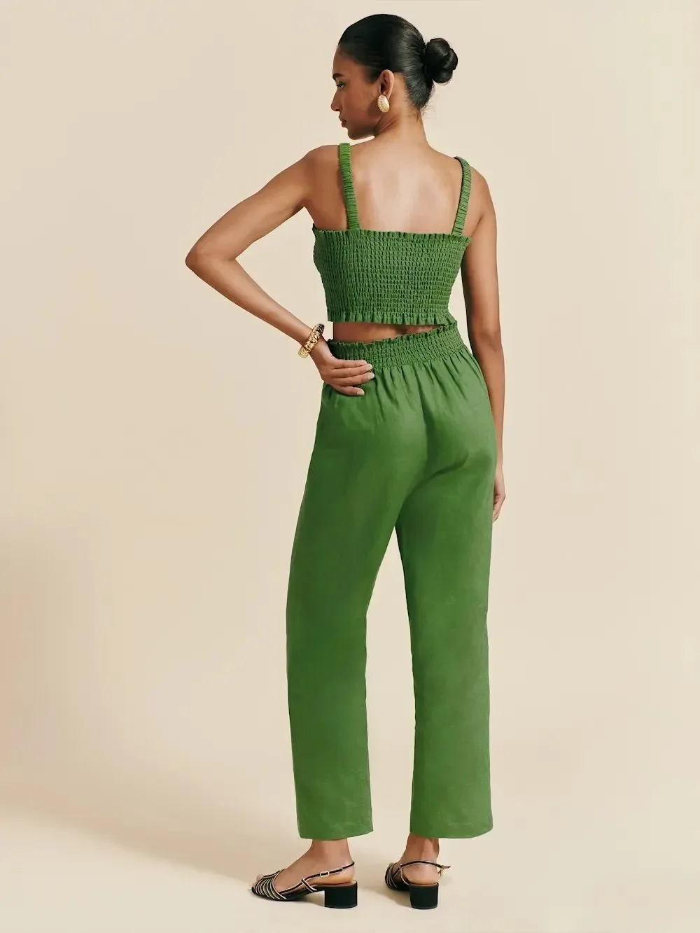 NWT REFORMATION Vera Linen two piece pant set in “avocado” green